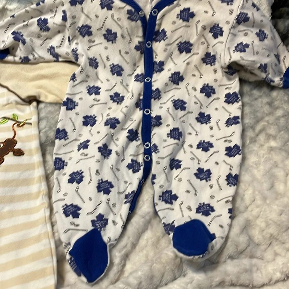 2 for1 Onesie Boys 3-6M Jumper Tan striped monkey blue hockey Toronto Snap front